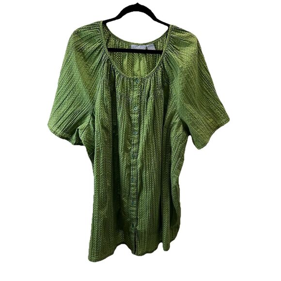 Liz & Me Green Pintucked Pleated Button Up Short Sleeve Top Blouse Women Size 3X - Picture 1 of 10